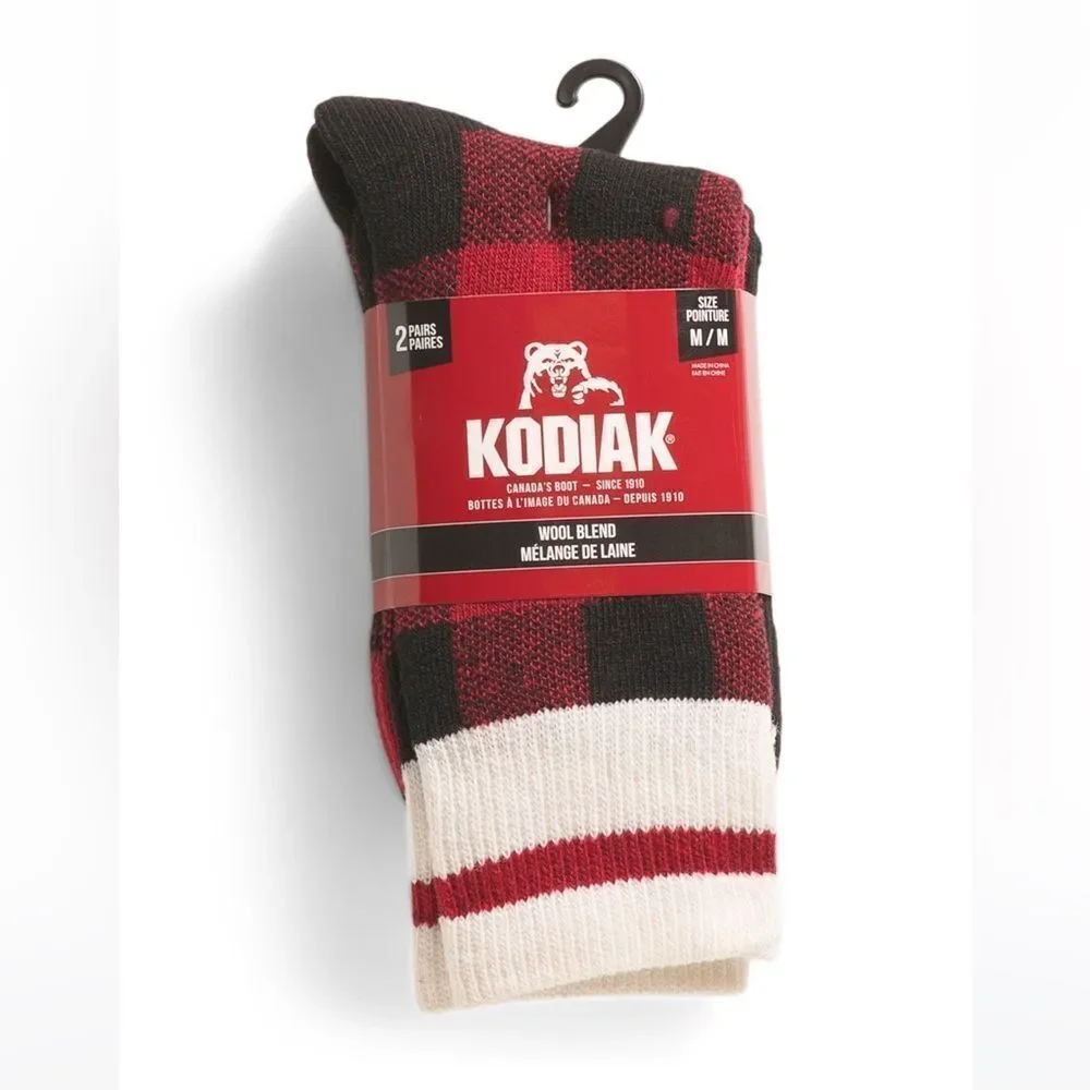 KODIAK Thermal Black White Red M US W 4-10 Buffalo Plaid Wool Boot Socks 2 Pack